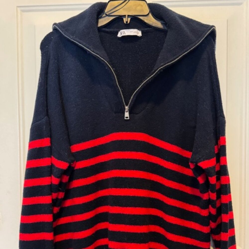 ZARA Blue & Red Striped Zip Sweater